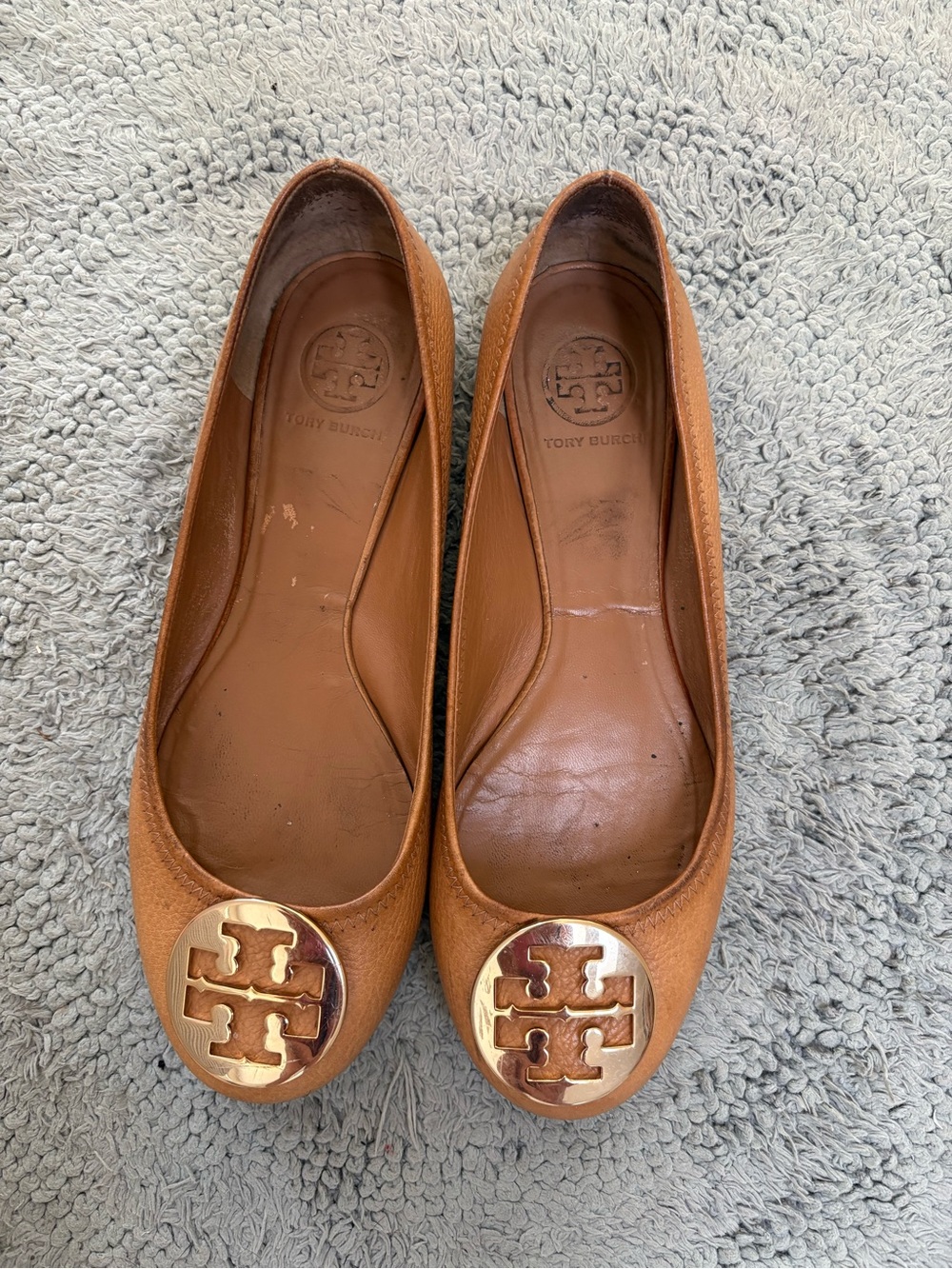 Tory Burch Tan Leather Ballet Flats with Gold Logo Disc